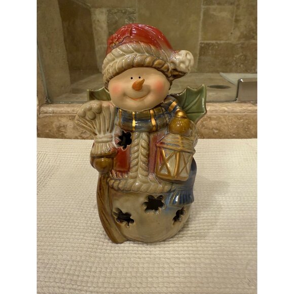 Ceramic Snowman Tealight Holder With Lantern & Santa Hat For Christmas Decor - Picture 1 of 9